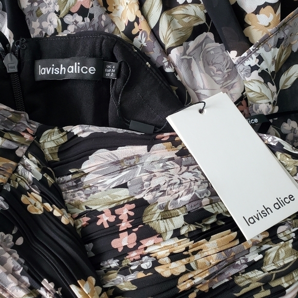 NEW Lavish Alice Pleated Asymmetric Bandeau Midi Dress In Black Rose - Picture 5 of 7